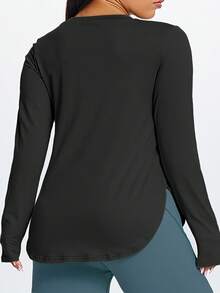 1pc Plus Size Women's Side Slit Crew Neck Long Sleeve T-Shirt, Elastic Regular Shoulder Slimming Solid Color Minimalist Black Sports - Black - View 4