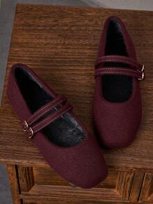 Women's Square Toe Low Vamp Burgundy Office Work Shoes Flat Mary Jane Ballet Shoes, Thermal Lined Warm Winter, Double Strap Buckle - Burgundy - View 2