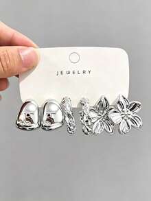 6/18pcs Luxury Shiny Silver Flower Stud Earrings Set, Versatile Daily Wear Multi-Style Ear Jewelry - Multicolor - View 5