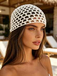 1pc Vintage Hollow Out Knitted Beanie, Pearl Pendant Headscarf, Vacation Style Mesh Cap, Boho Chic - Multicolor - View 3