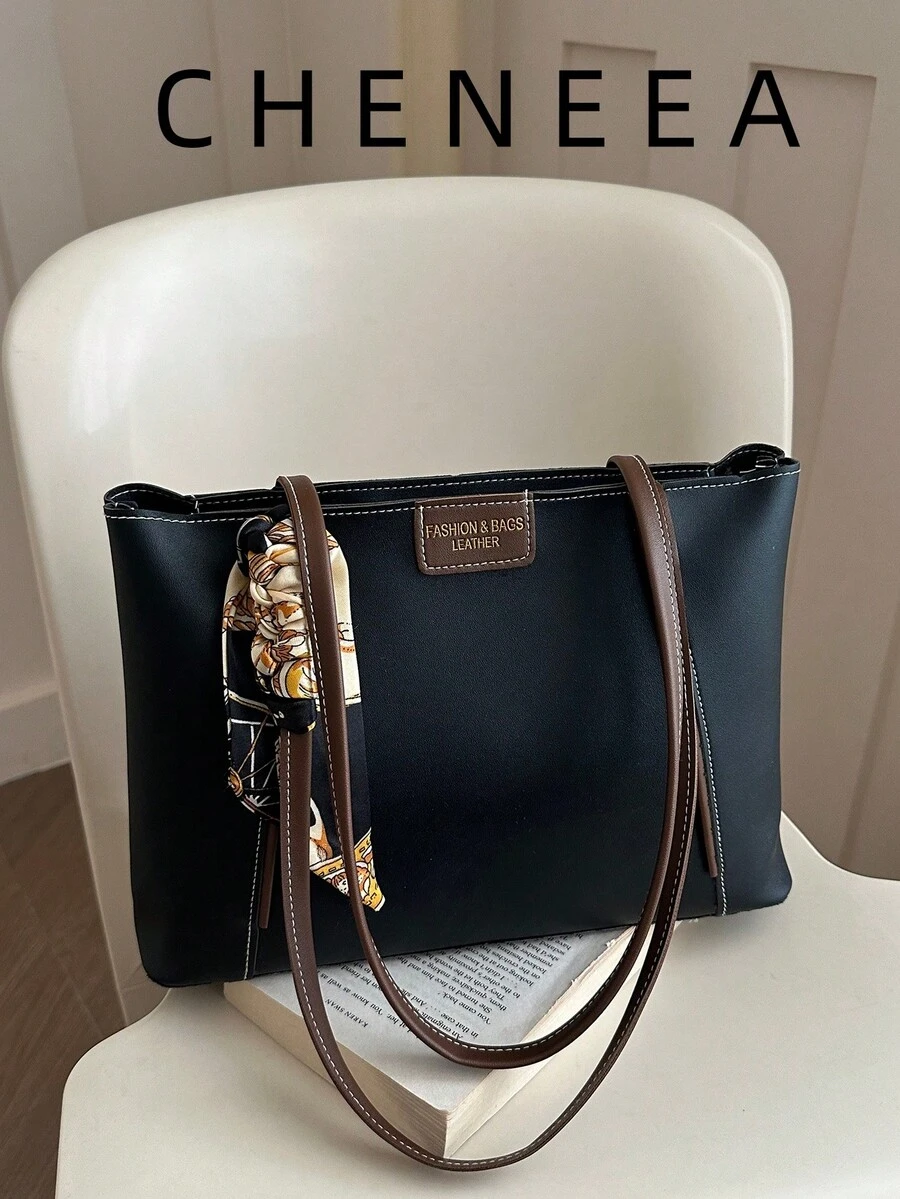 New Retro Fashion Large Capacity Colorblock Patchwork Tote Bag, Zipper Closure, Decorated With Scarf, Lightweight Minimalist, Casual Commute Shoulder Bag
