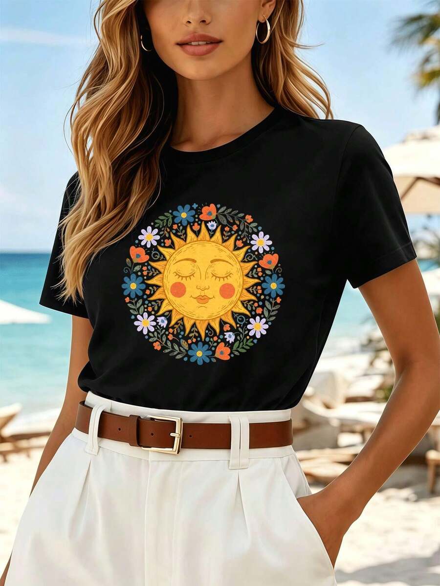 Boho Sun Floral Print T-Shirt, Quality Fabric, Comfortable Fit, Hip-Hop ...