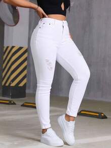Pantalones de Mezclilla Ajustados con Elasticidad de Cintura Media con Roturas en las Rodillas para Mujer, Pantalones que Levantan las Nalgas - Blanco - Ver 4