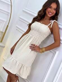 Elastic Waist Tie Strap Ruffle Dress Casual Fabric Ruched Tie-Up Dresses Evening Spring And Summer - 米白色 - 查看 1