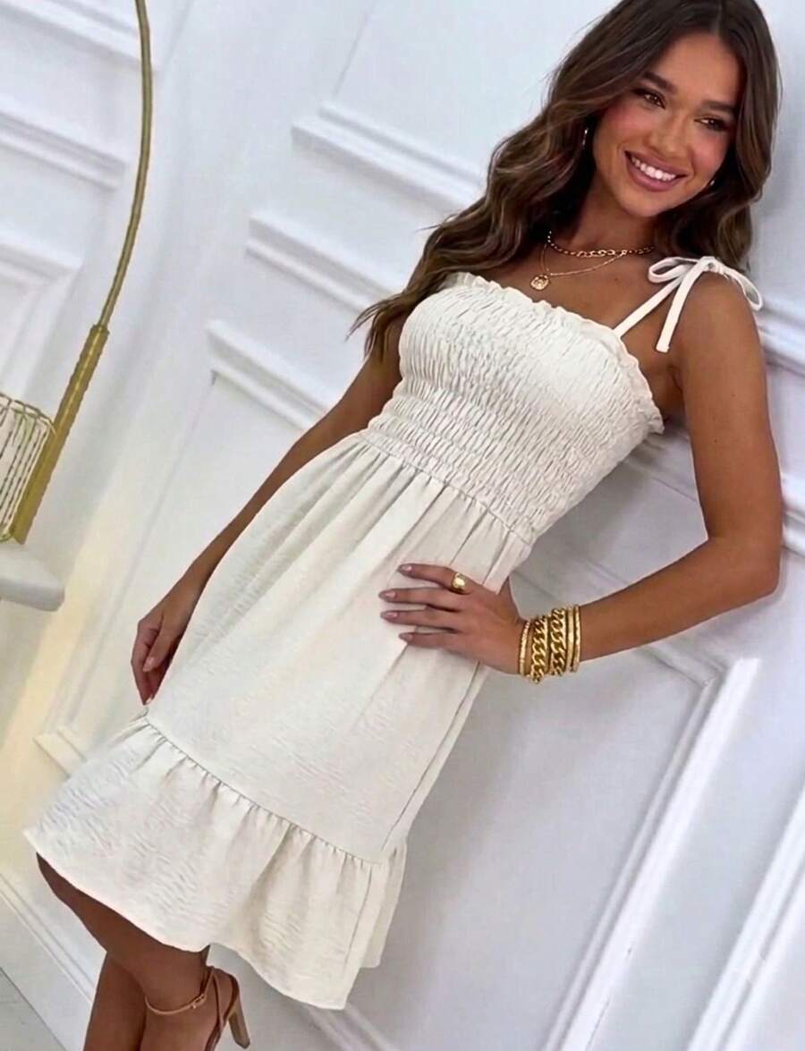 Elastic Waist Tie Strap Ruffle Dress Casual Fabric Ruched Tie-Up Dresses Evening Spring And Summer - 米白色 - 查看 1