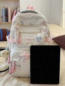 Student Backpack, Bow Embroidery Pattern Soft Quilted Fabric With Pendant, Multiple Pockets Adjustable Shoulder Straps, Cute Japanese Style, Suitable For Teenage Girls Daily Use In All Seasons - Multicolor - View 7