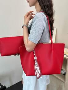 Dedoo 女款鵝卵紋理人造皮革大容量托特包，附圍巾飾飾品，韓系極簡風格校園後背包，適合大學校園與購物使用 - 紅色 - 查看 5
