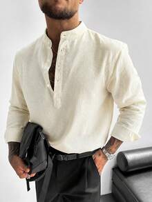 Camisa GloMan para hombre de mezcla de lino blanco con media abertura, manga larga, simple, unisex, para vacaciones de verano, uso diario, ropa casual de oficina, regreso a la escuela, regalo para papá, esposo - Blanco - View 2