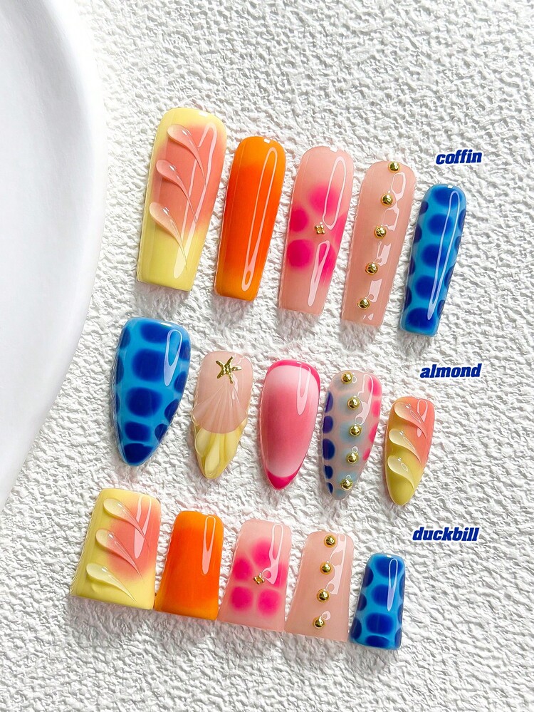 10Pcs Dopamine Style Handmade Press On Nail,Polygel Nail Set,Features Starfish,Water Droplet And Floral Motifs,Blue,Yellow And Pink Nail Polish,Lively Style,Includes Nail Tools,3 Sizes Available,Almond,Duck,Coffin Nails For Party,Dance,Daily Wear. - Multicolor - View 1