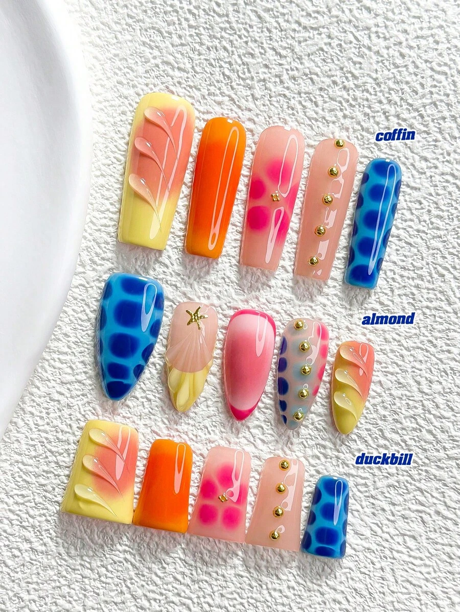 10件多巴胺風手工穿戴甲,Polygel美甲套組,海星、水滴與花卉圖案,藍色、黃色與粉色指甲油,鮮豔風格,附美甲工具,3種尺寸可選,杏仁形、鴨嘴形、棺材形,適合派對、跳舞、日常穿戴 - 彩色 - 查看 1