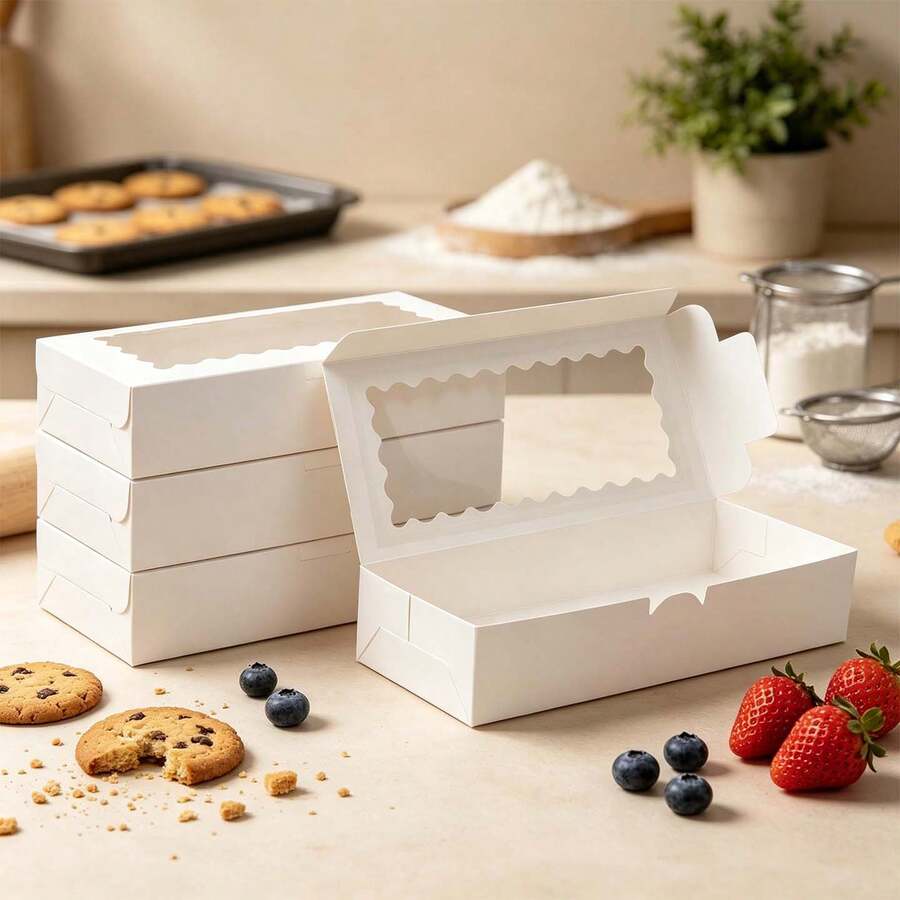 5pcs/10pcs/15pcs White Cardboard Wavy Window Cookie Box, No Handle, Can Be Used As Muffin Box, Cookie Box, Bread Box With Window, Suitable For Pastries, Pies, Muffins, Chocolate, Strawberry - View 1