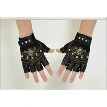 Autumn Winter Warm Half Finger Leather Gloves Unique Pirate Skull Rivet Decor Non Slip Durable Gloves For Men Women Outdoor Cycling Mountaineering - Pirate Black - View 5
