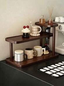 1pc Walnut Wood Desktop Storage Rack, Vintage 3-Tier Display Shelf, Multi-Layer Storage, Kitchen Spice Rack, Lacquered Finish, Retro Texture, Suitable For Displaying And Storing Cups, Mugs, Spice Bottles, Cosmetics, Perfumes And Decorative Items - Walnut - View 2