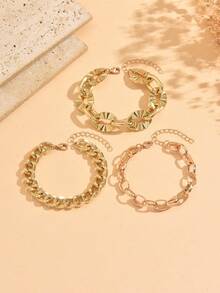 3pcs/Set Multi-Layer Thick Line Geometric Exaggerated Bracelet Set, Vintage Fashion Geometric Chunky Chain Bracelet Combination, Suitable For Daily Wear, Party, Date And Vacation - Gold - View 7