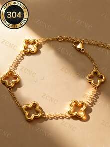 ZCNC 1pc Women's Summer Fashion Exquisite Four-Leaf Clover Rhinestone Zirconia Stainless Steel Bracelet, Suitable For Daily Wear, Party, Mother's Day Gift - Style 19 - View 9