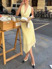 DOUCIU 2pcs Polka Dot Draped Halter Top & Asymmetrical Skirt Sets Daily Streetwear - Yellow - View 5