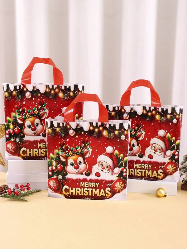6/12pcs Christmas Plastic Tote Bags, Cartoon Reindeer & Santa Claus Pattern Reusable Gift Bags, Shiny Shopping Bags, Red Party Gift Bags, 2026 Holiday Christmas Home Decor, 2027 Christmas Gift Christmas New Year Packaging Bags