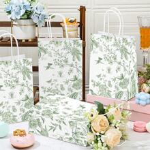 6/12/24Pcs Botanical Toile Print Paper Gift Bags, Green & Blue Floral Bird Pattern Flat Bottom Tote Bags With White Twisted Handles For Wedding, Birthday, BabyShower, Bridal Shower, Mother's Day, Garden Party Gift Packaging - View 3