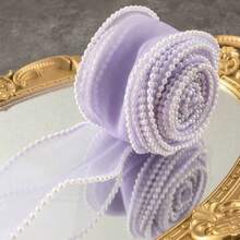 1 Roll 2.5 Yards/5 Yards Faux Pearl Decorated Mesh Ribbon, Decorative Ribbon For Clothing, Bows, DIY, Gift Boxes And Bouquets, Floral Packaging Ribbon - Purple - View 3