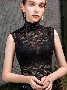 1pc Women's Semi-High Neck Fitted Lace Hollow Out Base Layer Top With Faux Collar - Multicolor - View 3