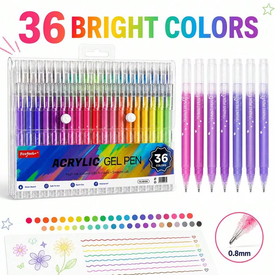 12/36 Colors Metallic Glitter Gel Pen Set, Student Planner DIY Painting Pens, Layerable Waterproof 0.8mm Acrylic Marker Pens For Outlining And Highlighting - Sets - View 1