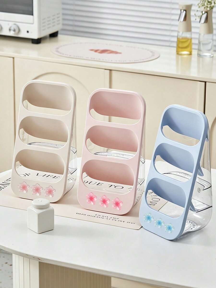 3-Layer Slanted Sakura Decorative Storage Box, Multi-Color Transparent Layered Stationery & Cosmetic Dual-Use Organizer, Matte Shell With Clear Visible Sides, 3-Layer Slanted Partition Independent Storage, Front 3D Sakura Sticker Soft Design, Multi-Color Options Suitable For Office Workers, Students, Home Kitchen Organization - Multicolor - View 1
