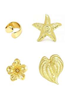 4pcs Thick Gold Oversized Exaggerated Ring Set, Starfish Shell Flower Open Adjustable Rings, Vacation Essential - D062 - View 7
