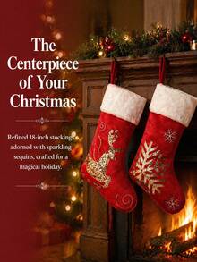 1pc Red Christmas Stocking With White Trim, 18-Inch Stocking, Large Plush Stocking With Reindeer And Snowflake Patterns, Christmas Tree Holiday Party Decoration, For Home Holiday Christmas Party Decorations (Red And Gold Glitter Reindeer) - Multicolor - View 4