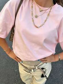 Women's 100% Cotton T-Shirt For Summer & Autumn, Printed Pattern, Loose Casual Sports Style, Vacation And Holiday - Light Peach Pink - View 3