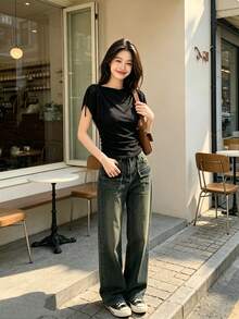 黑色小眾極簡主義抓皺紋理短袖T恤 女款夏季新款修身顯瘦設計上衣 - 黑色 - 查看 4