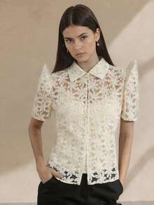 1pc Modern Filipiniana Top With Butterfly Sleeves, Button Hollow Out Short Sleeve Blouse For Women, Holiday & Vacation - Champagne - View 5