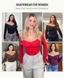 FeelinGirl Women's Long Sleeve Shapewear Bodysuit For Tummy Control Seamless Body Suits Thong V Neck Going Out Tops - Black - View 6