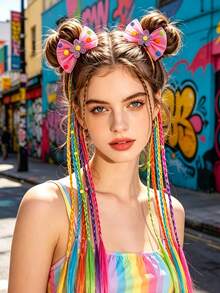 2PCS Mesh Bow Elastic Ties Colorful Ponytail Hair Scrunchies, Sweet Hair Ties, Braided Hair Bands Dreadlocks1 Beads Random Color, Girls Gift Kids - Multicolor - View 3