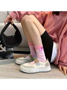 4雙女款多巴胺配色薄款四季中筒襪，拼色小眾風格運動襪 - 彩色 - 查看 3