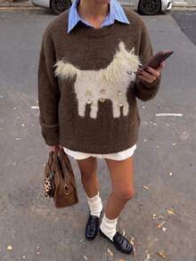 Sweater Pullover Lengan Panjang Motif Hewan Cokelat untuk Wanita - Coklat - View 7