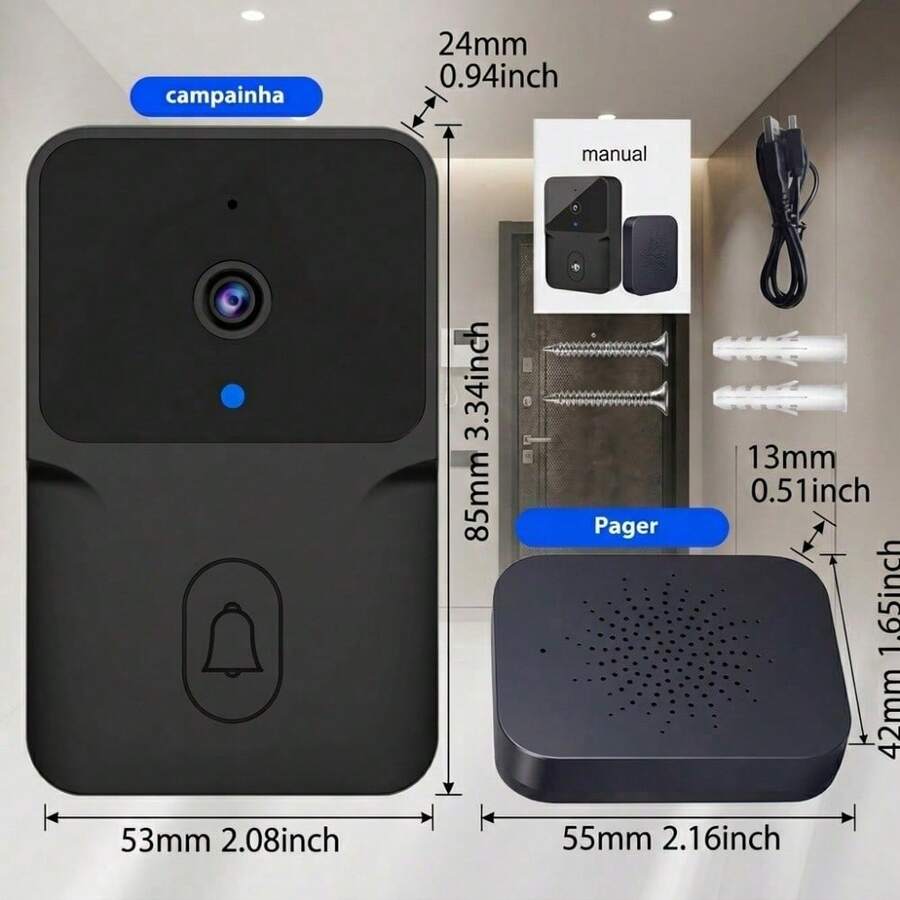 Campainha com Câmera Vídeo Porteiro Sem Fio Wi-Fi Inteligente Alta Resolução Áudio Bidirecional Visão Noturna Automática Recarregável Design Moderno em ABS Proteção Completa para Portas e Apartamentos - Preto - Visão 1