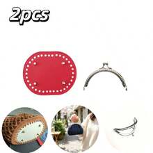 2pcs Set 8.5cm Half-Circle Silver Perforated Metal Frame + 14.5cm Oval PU Studded Bag Bottom, Handmade Crochet Coin Purse DIY Accessories, Knitting Craft Beginner Small Bag Supplies - Multicolor - View 13