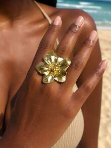 4pcs Thick Gold Oversized Exaggerated Ring Set, Starfish Shell Flower Open Adjustable Rings, Vacation Essential - D062 - View 3