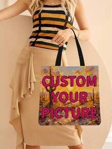 Custom Photo & Text Tote Bag – Personalized Reusable Shoulder Shopping Bag, Foldable Design (Polyester, Multiple Colors) - Multicolor - View 3