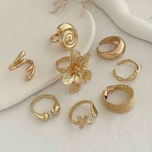 Set Cincin Terbuka Geometris Motif Bunga Kerang Bintang Laut Gaya Laut Vintage 8 Buah, Dapat Ditumpuk, Warna Emas, Berbagai Bentuk Cincin - Emas - View 6