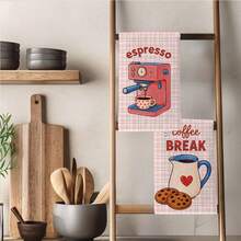 2PCS Kitchen Towels Pink Plaid Coffee Healing Theme Pattern Print 40*60cm Rectangular Microfiber Kitchen Towels, Dish Cloths, Tablecloths, Hand Towels, Kitchen Decor, Home Decor, Housewarming Gift For Neighbors, Perfect For Kitchen And Bathroom Use, Suitable For Housewives And Family Gatherings, High Cost-Performance, Home Essential - Watermelon Pink - View 9
