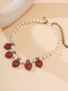 1pc French Vintage White Faux Pearl Necklace With 5 Red Rhinestone Heart Decor, Adjustable Extension Chain, Women's Date Night Dress Accessory, Holiday Gift Necklace - Multicolor - View 9