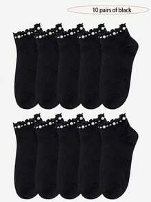 1/3/6/8/10 /12Pairs Women's Pearl-Embellished Ruffle Ankle Socks, Solid Color Casual No-Show Socks - Black and White - View 6