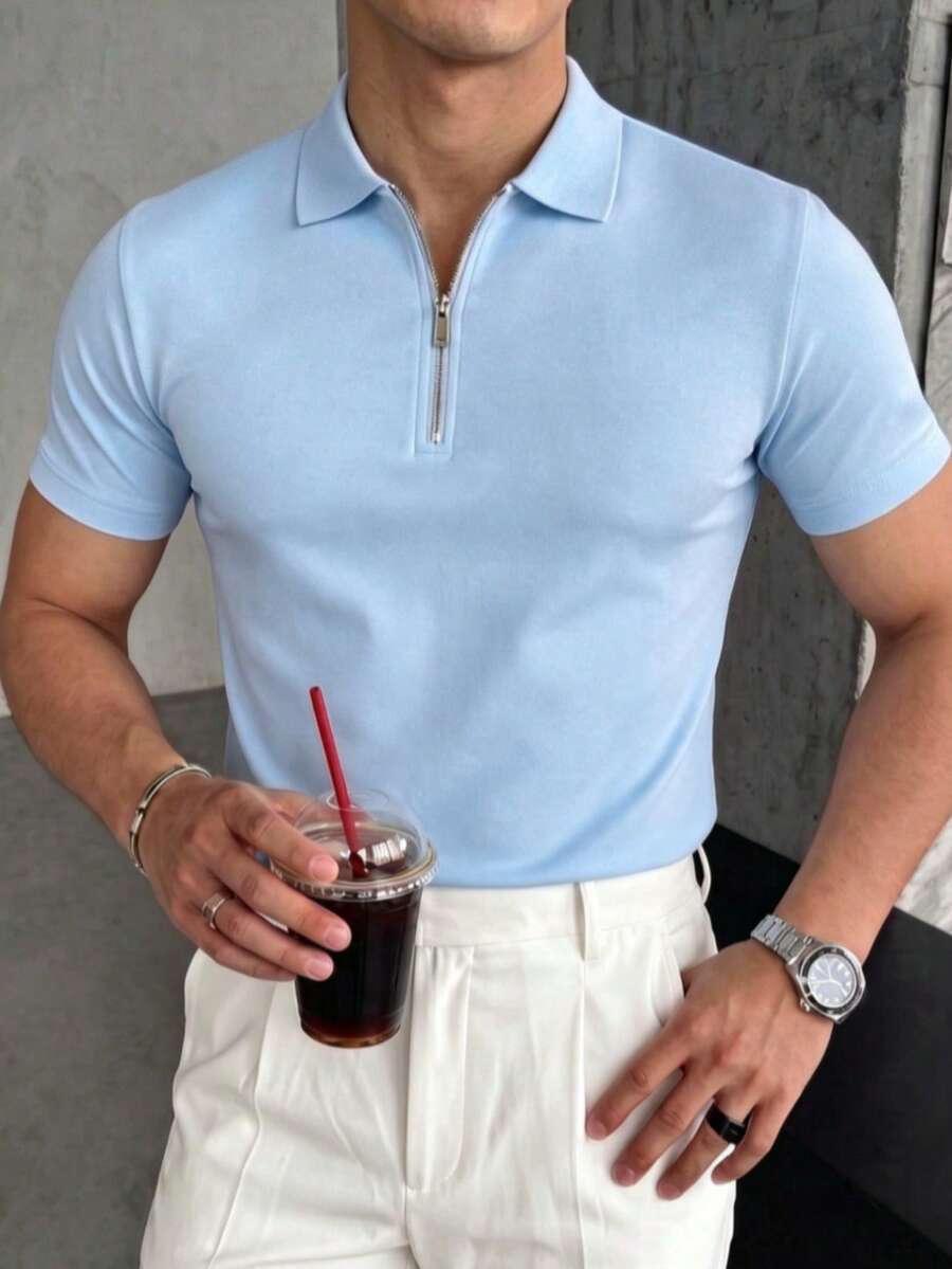 男士輕量夏季半拉鍊短袖 Polo 衫，必備夏季時尚穿搭