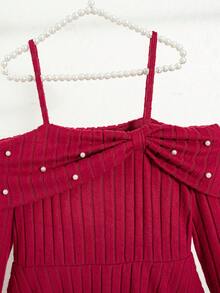 Tween Girls School Dress Autumn New Back To School Dress Fashion Versatile Red Ribbed Off-Shoulder Strap Beaded Decor Design Patchwork Casual A-Line Dress Elegant Vintage Princess Dress Suitable For Outdoor Wear - Red - View 4