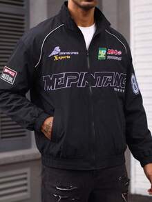 Men's Black Y2K Street Style Racing Pilot Jacket, Printed Stand Collar, Long Sleeve Zip-Up Outerwear - Black - View 2