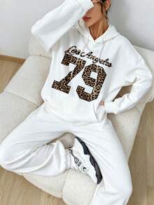 2Women's Loose-Fit Drop-Shoulder Hoodie Set,Gray Leopard Print,Autumn,Street Style,Suitable For School,Back-To-School Pullover Autumn Sweatshirt - 風格 - 查看 1