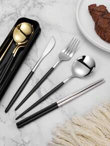 5pcs Stainless Steel Portuguese Knife Fork Spoon Chopsticks Set With Storage Box Portable Tableware Set For Camping Outdoor - Multicolor - View 4