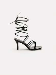 TuEzra Spring/Summer Women's Strappy High Heeled Sandals, Black Open Toe Stilettos - Black - View 2