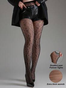 1pc 120g Women's Double-Layer Thermal Lined Vertical Striped Lace Mesh Tights, Autumn/Winter Thickened Warm Sheer Pantyhose, Faux-Skin Warm Leggings, Vertical Geometric Lace Sheer Thickened Pantyhose, Halloween/Christmas Outfit, Suitable For 15-25°C - Black - View 12